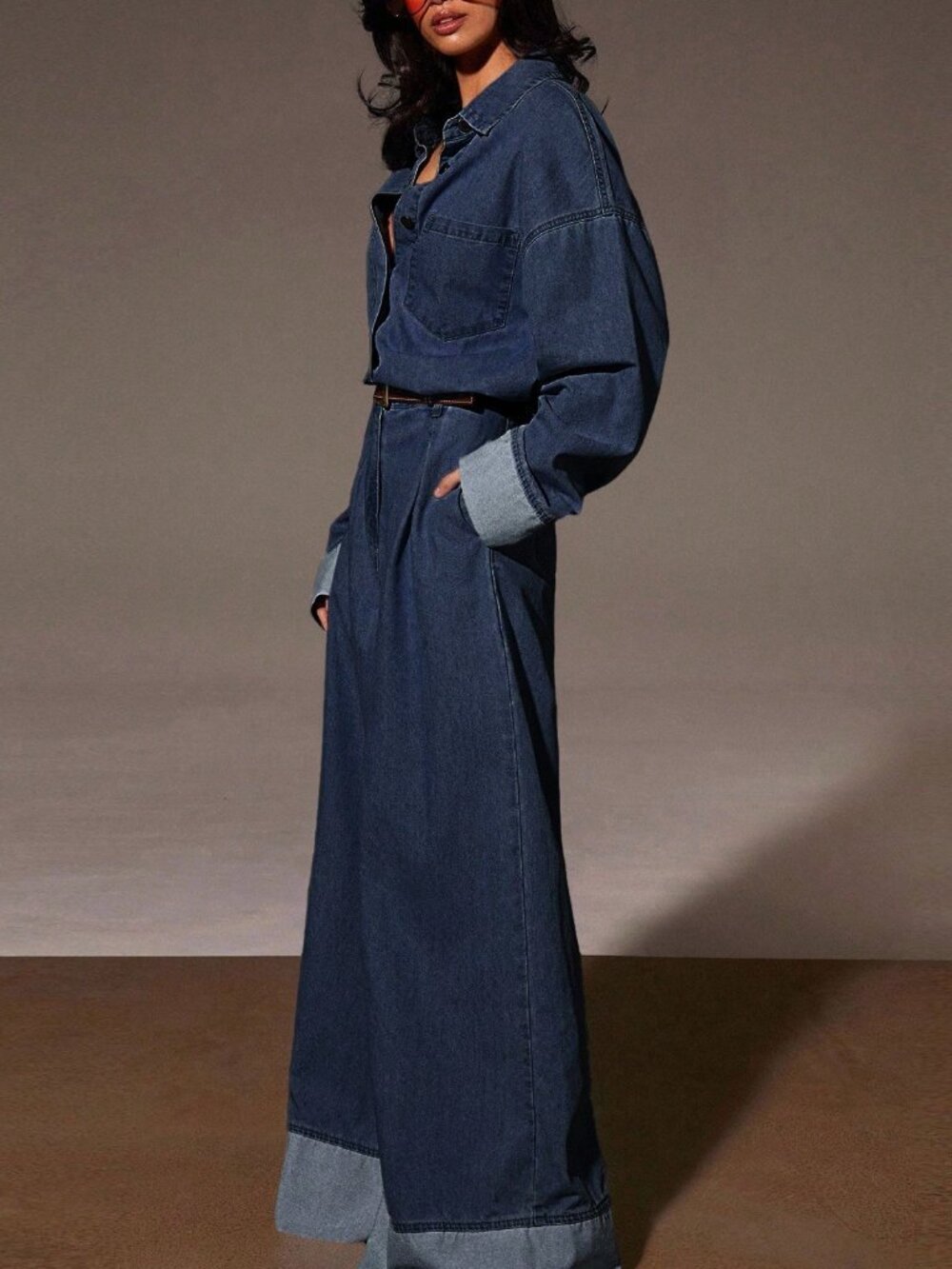 Dark Wash Casual Women's Denim Pocket Long Sleeve Denim Jumpsuit
